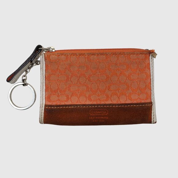Coach Orange Signature Canvas & Suede Key Chain Coin Pouch With Zip Closure - Picture 1 of 6